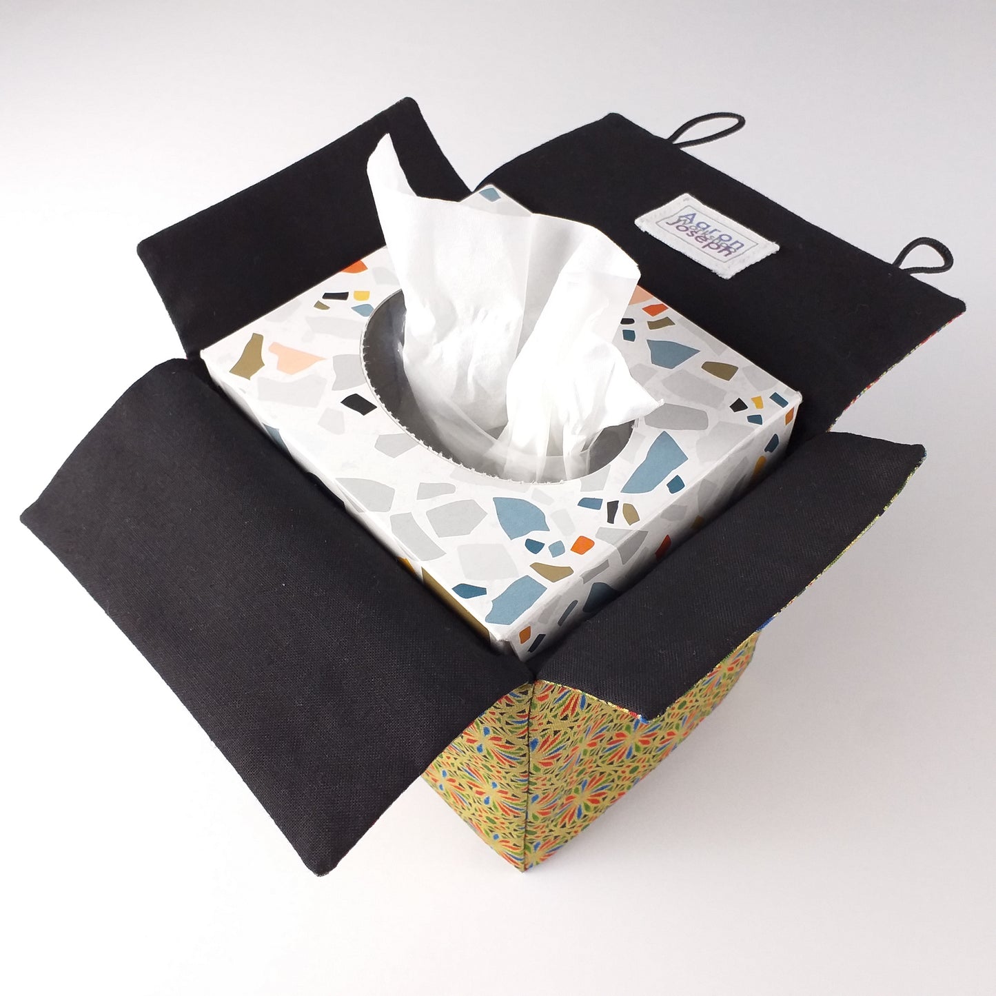 Cube Fabric Tissue Box Cover - Petals on Gold Christmas Design