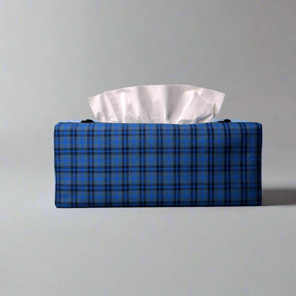 Rectangle tissue box cover with blue and black plaid pattern