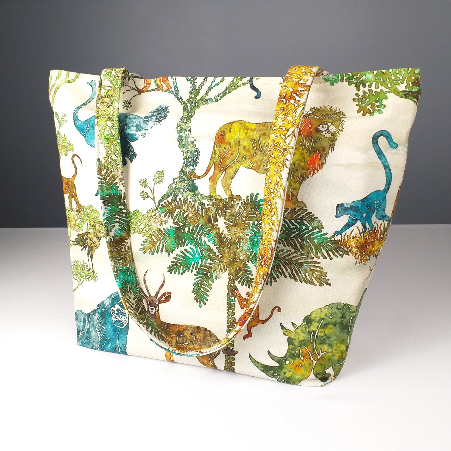 Large cotton tote bag with elephant, giraffe, water buffalo, monkey, panther, gorilla, lemur, rhinoceros design
