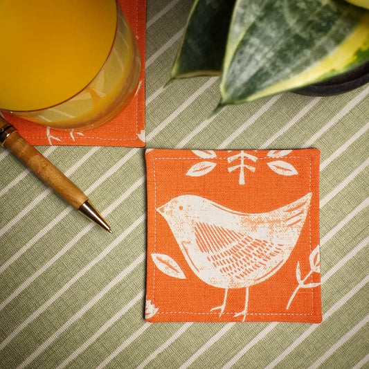 Square Fabric Coaster Set of 2 - Big Little Birds on Orange