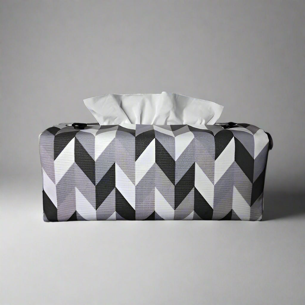Rectangle tissue box cover with grey, white, and black herringbone pattern