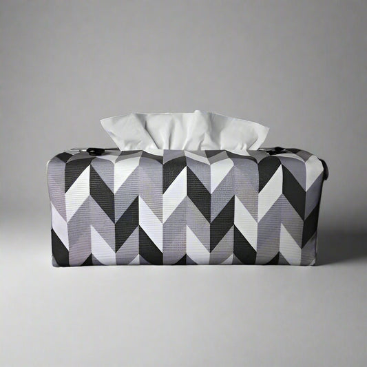 Rectangle tissue box cover with grey, white, and black herringbone pattern