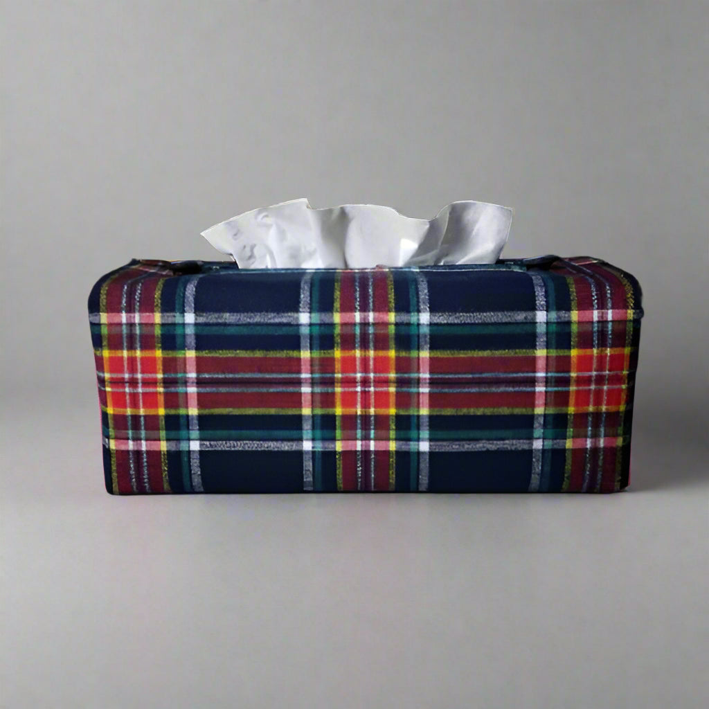 Rectangle tissue box cover with blue, red, yellow, green, and white plaid pattern