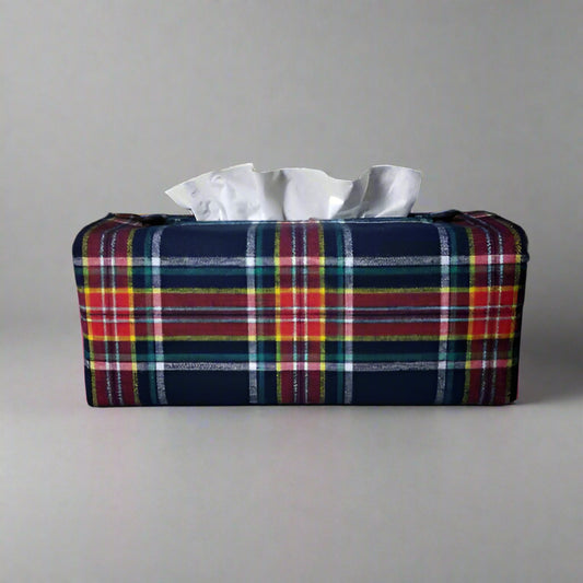 Rectangle tissue box cover with blue, red, yellow, green, and white plaid pattern