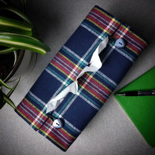 Rectangular Fabric Tissue Box Cover - Navy Orange Plaid