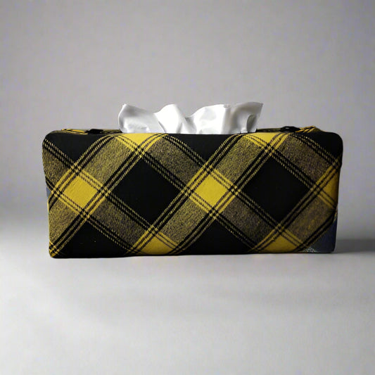 Rectangle tissue box cover with black and yellow plaid pattern