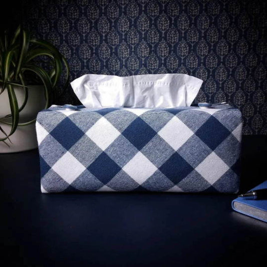 Rectangular Fabric Tissue Box Cover - Blue Check