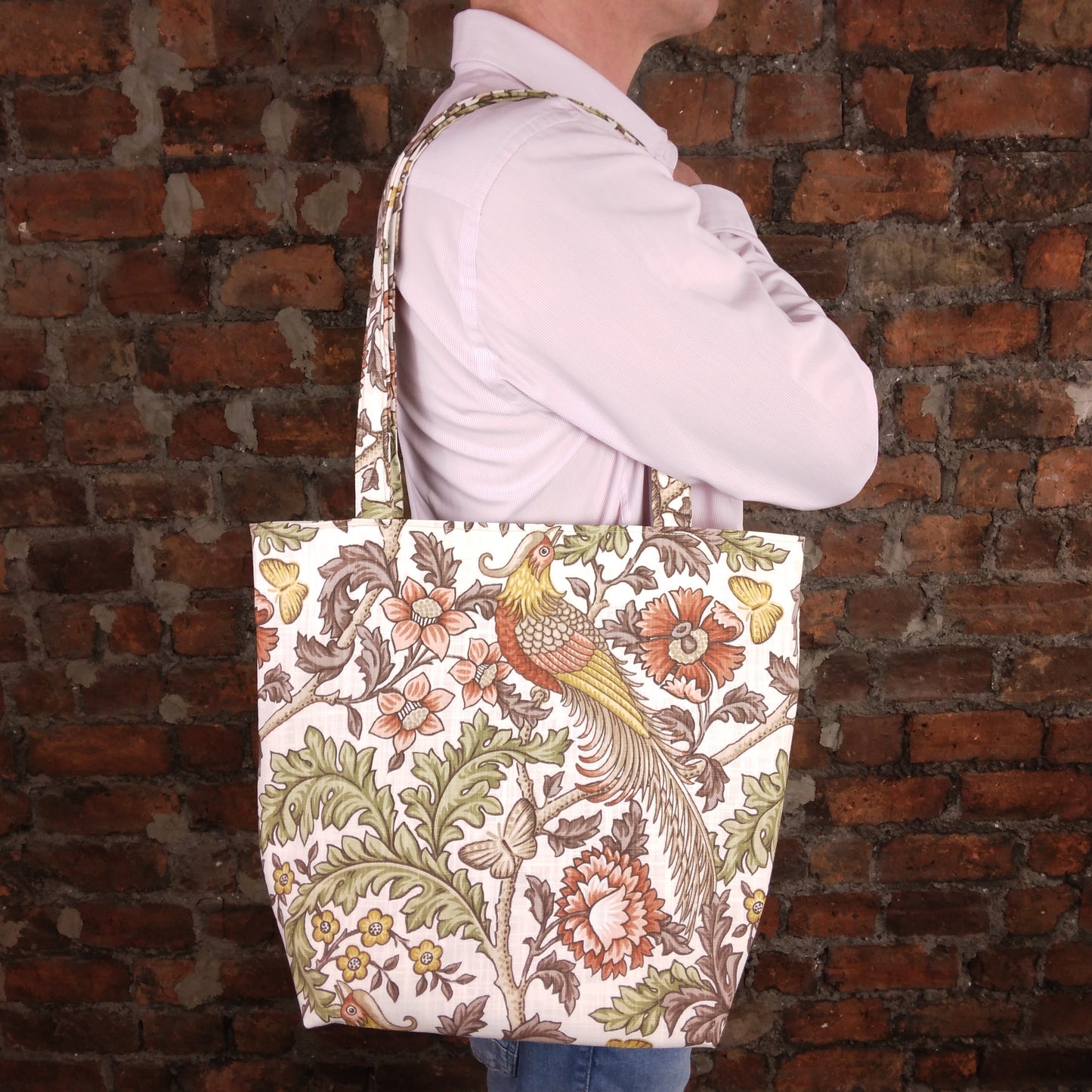 Large tote bag with pheasants and flowers design on natural colour background