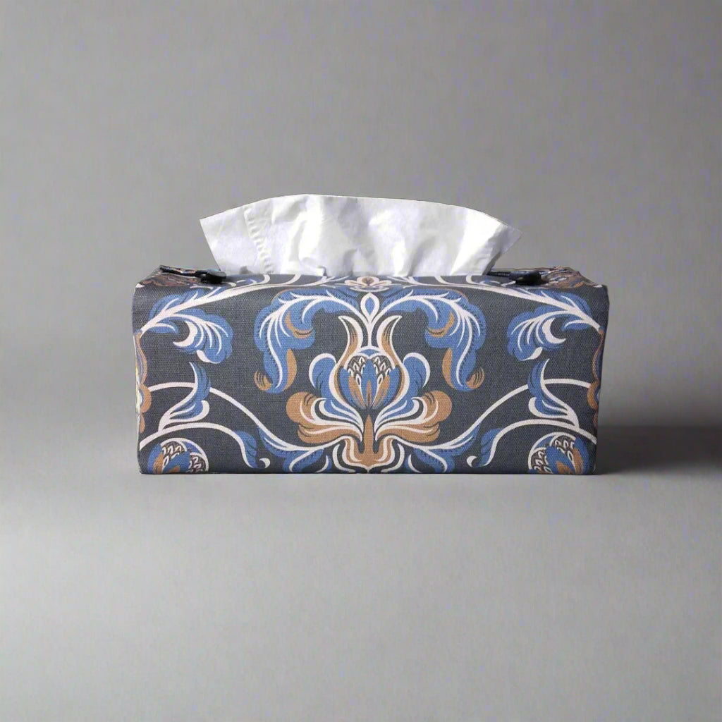 Printed cotton rectangle tissue box cover with white, brown, and blue baroque style floral design on navy background