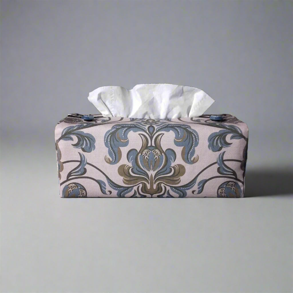 Printed cotton rectangle tissue box cover with grey and brown baroque style floral design on taupe background