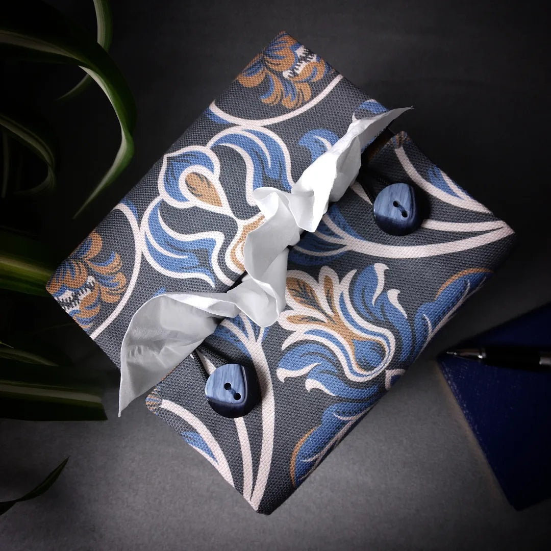 Cube Fabric Tissue Box Cover - Baroque Style Floral on Navy