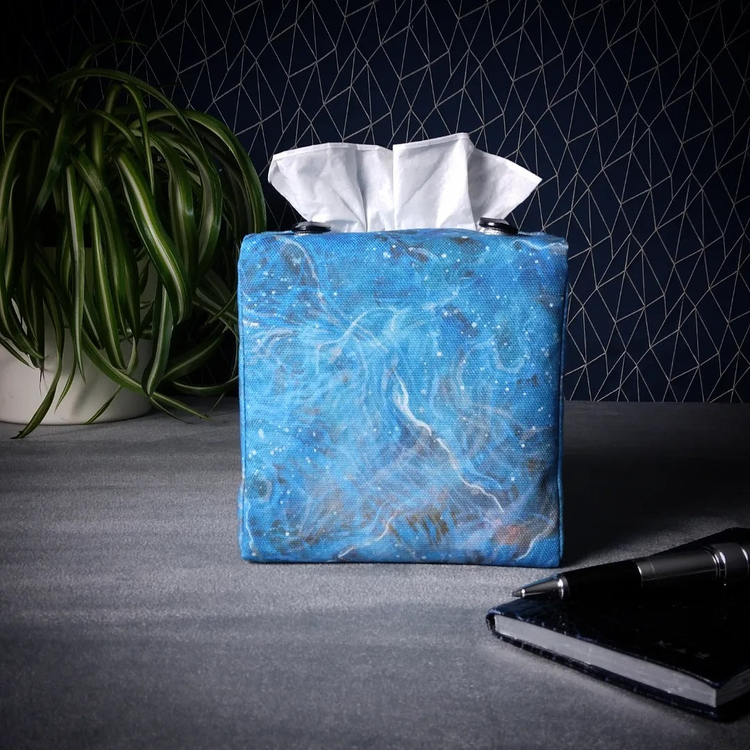 Square tissue box cover with blue and white abstract pattern