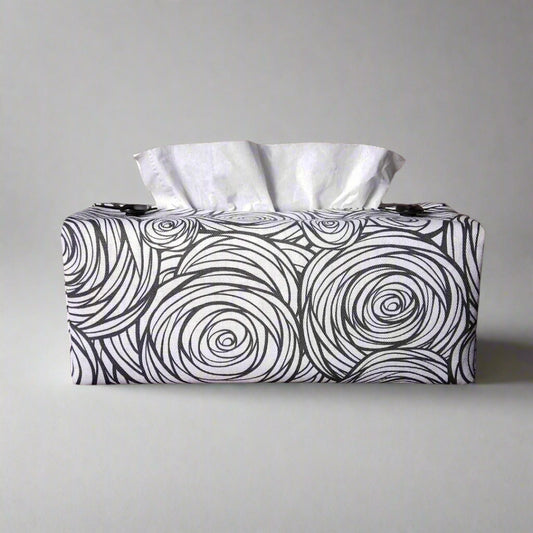 Printed cotton rectangle tissue box cover with black stylized roses on white background