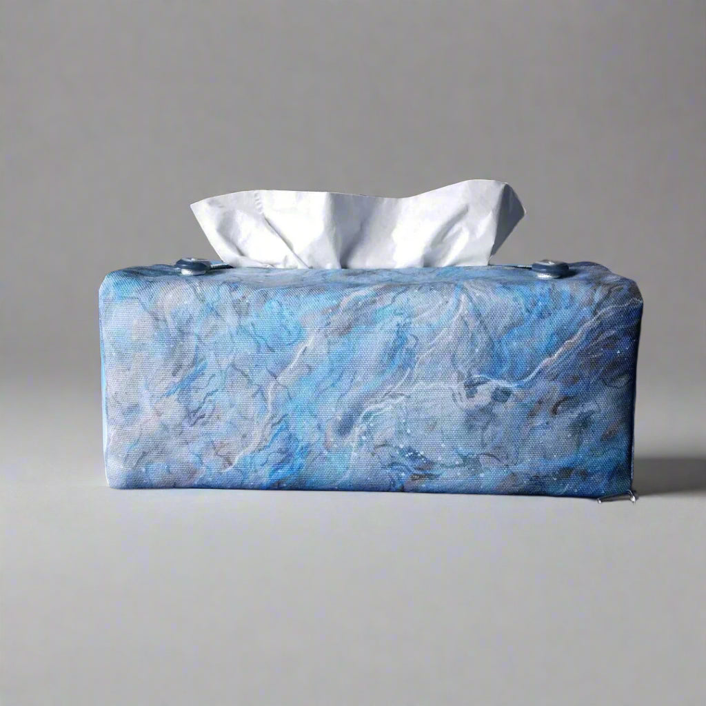 Rectangle tissue box cover with light blue, grey, and white abstract pattern