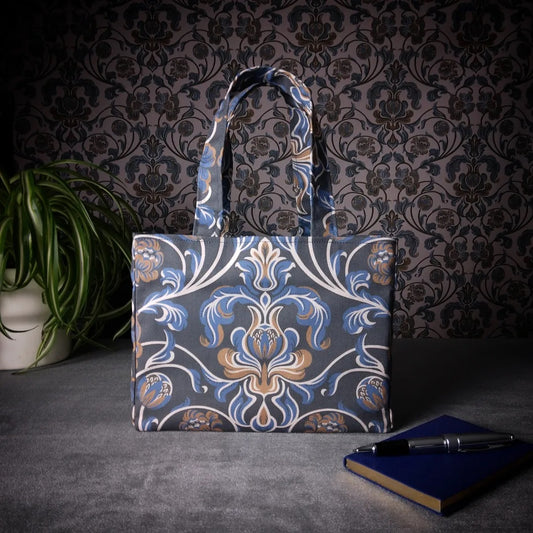 Mini Tote Bag - Baroque Style Floral on Navy