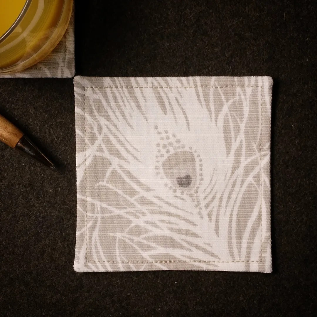 Square Fabric Coaster Set of 2 - Peacock Feathers on Natural