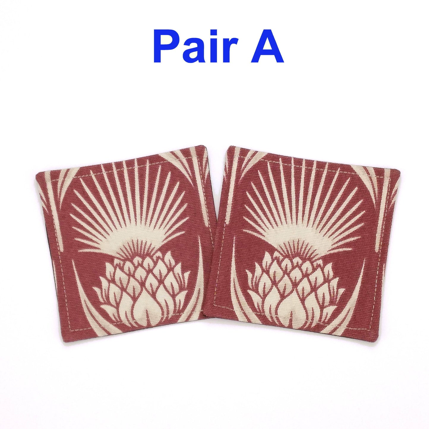 Square coasters with ivory thistle pattern on garnet colour background
