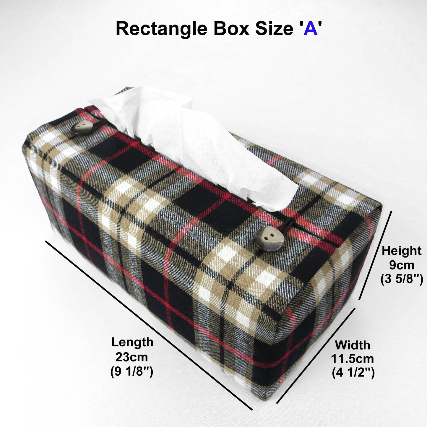 Woven brushed cotton rectangle tissue box cover with black and tan tartan pattern with a red stripe