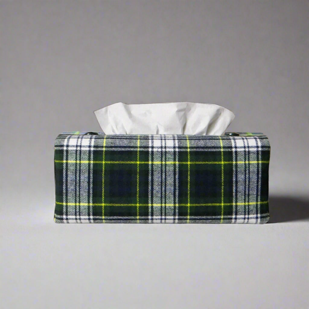 Woven brushed cotton rectangle tissue box cover with blue, green, and white tartan pattern with a yellow stripe