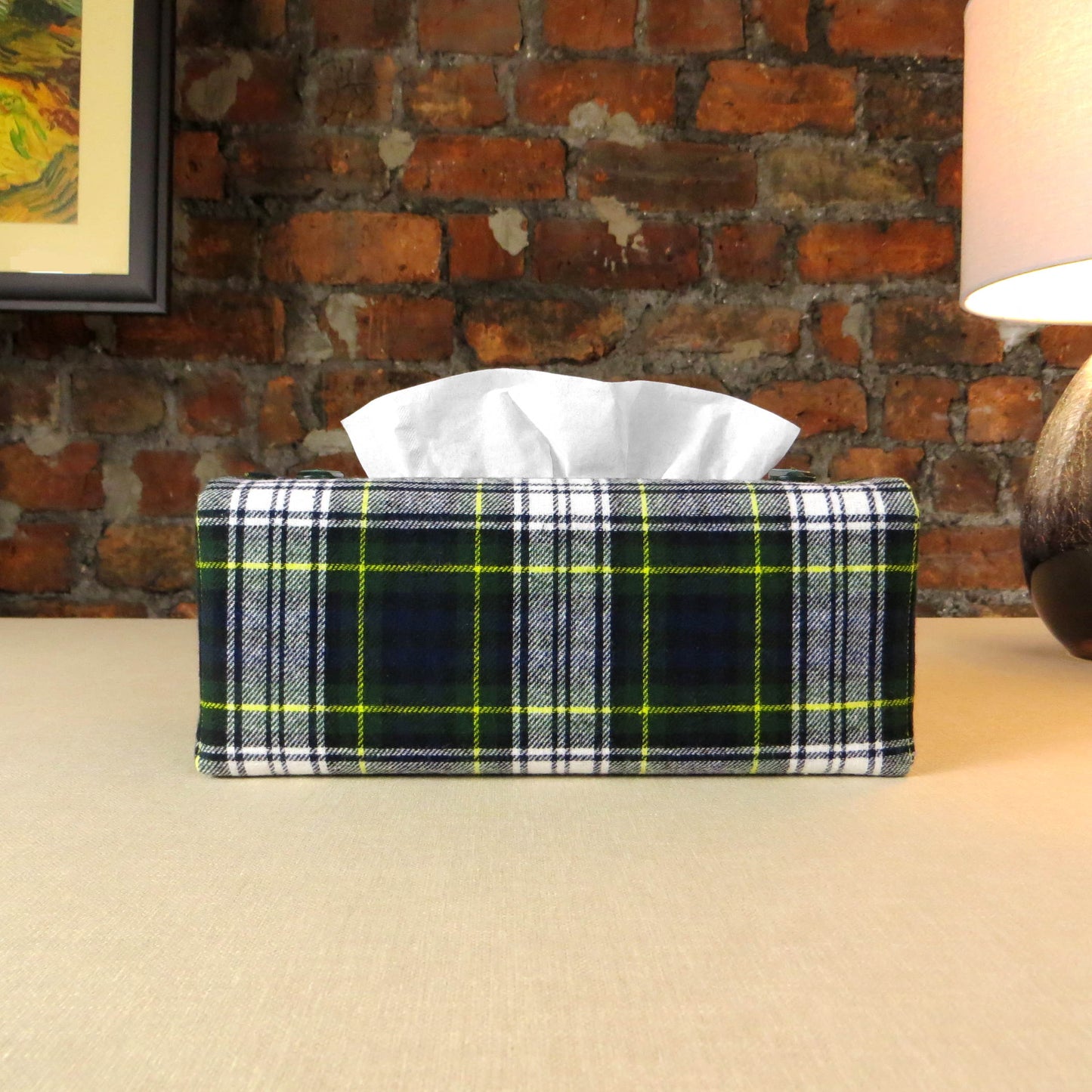 Woven brushed cotton rectangle tissue box cover with blue, green, and white tartan pattern with a yellow stripe