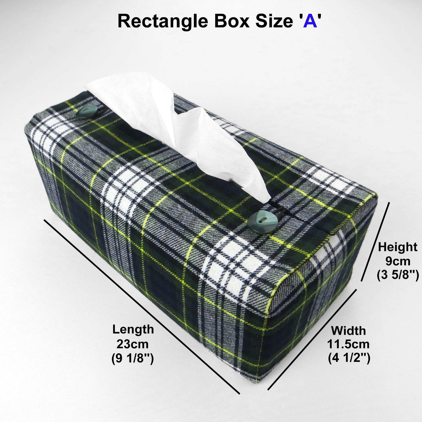 Woven brushed cotton rectangle tissue box cover with blue, green, and white tartan pattern with a yellow stripe