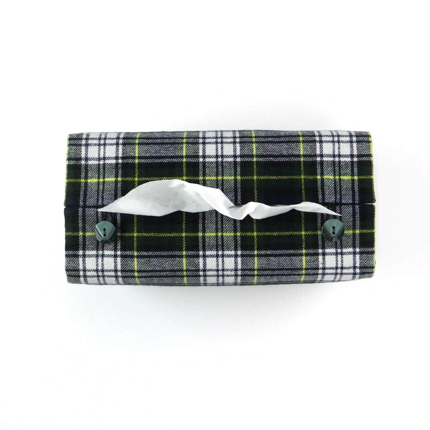 Woven brushed cotton rectangle tissue box cover with blue, green, and white tartan pattern with a yellow stripe