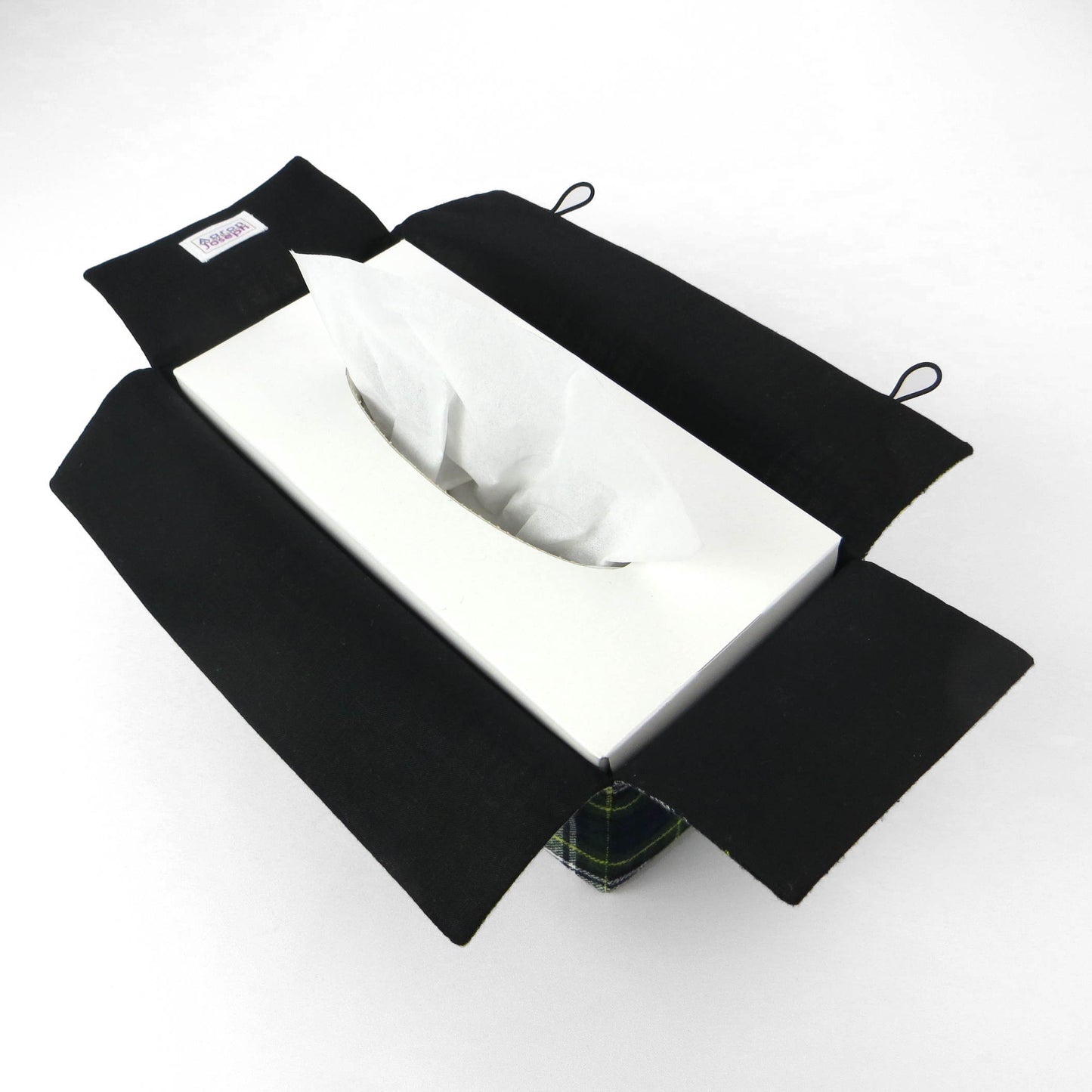 Woven brushed cotton rectangle tissue box cover with blue, green, and white tartan pattern with a yellow stripe