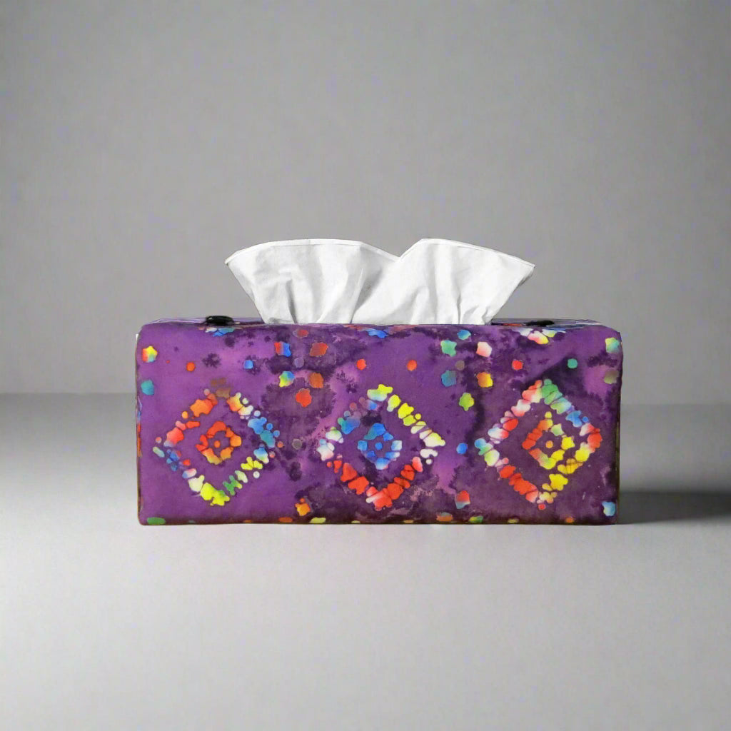 Batik printed cotton rectangle tissue box cover with tie dye multi colour diamond design on purple background