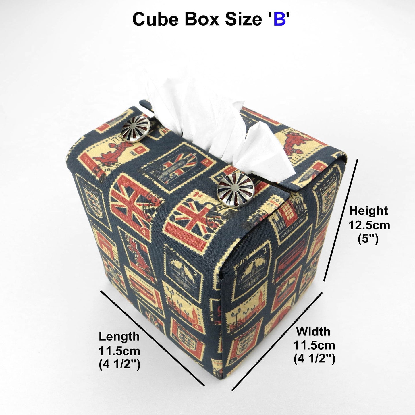 Printed cotton square tissue box cover with British stamps design on pale navy background