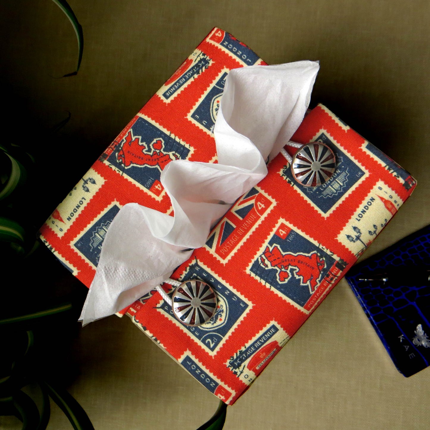 Printed cotton square tissue box cover with British stamps design on red background