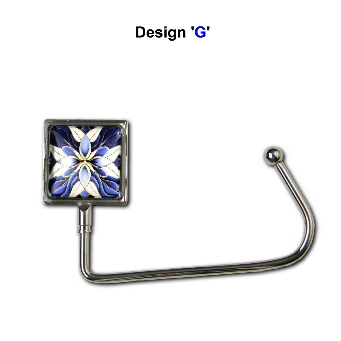Handbag hook with glass domed image for hanging accessories on tables, ledges, and shelves