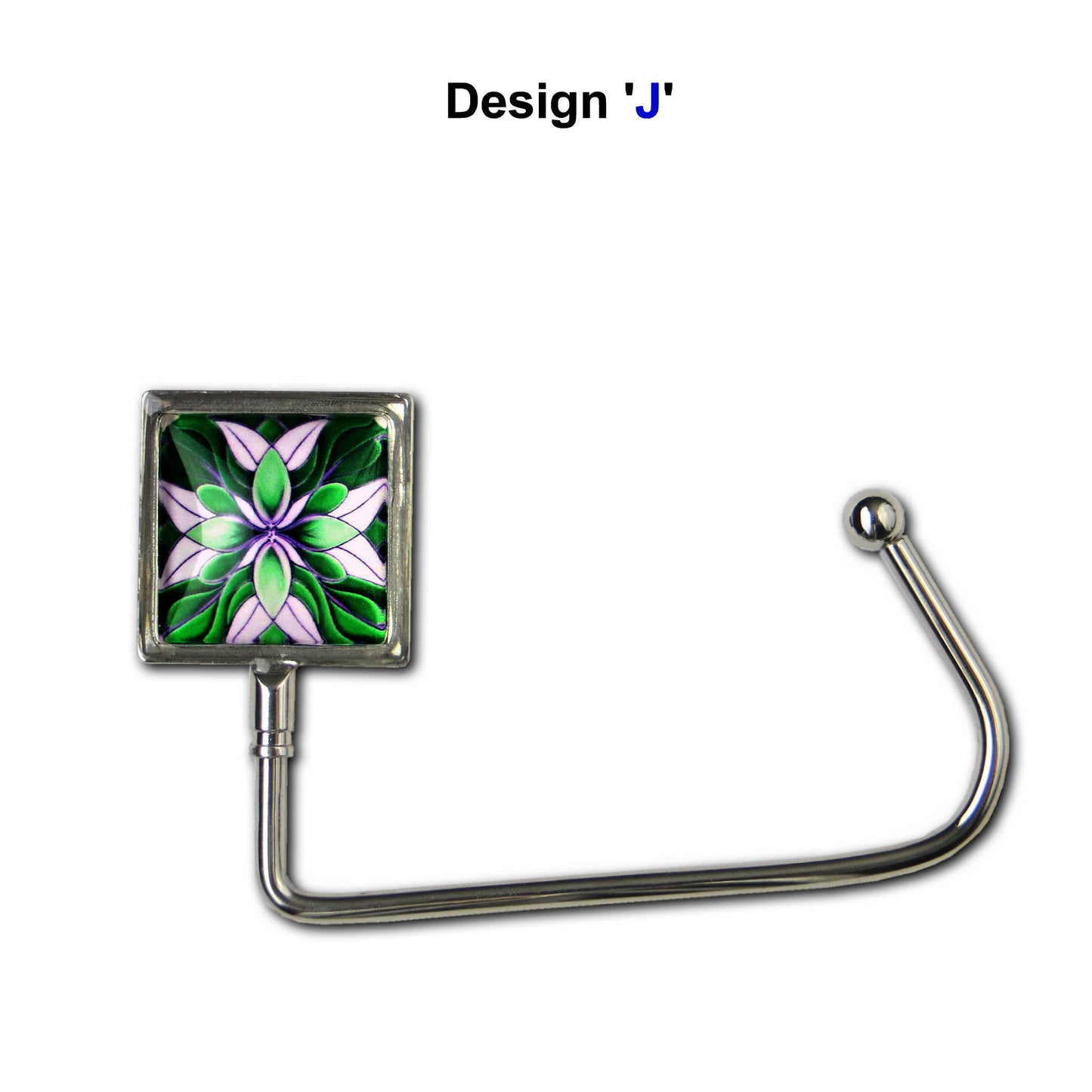 Handbag hook with glass domed image for hanging accessories on tables, ledges, and shelves