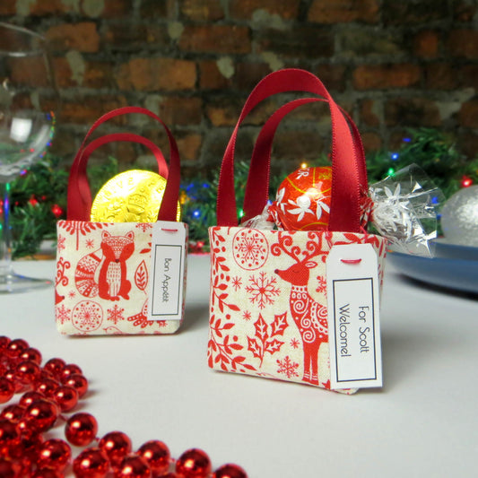Pair of miniature fabric tote decorations that you can fill with your favourite treats