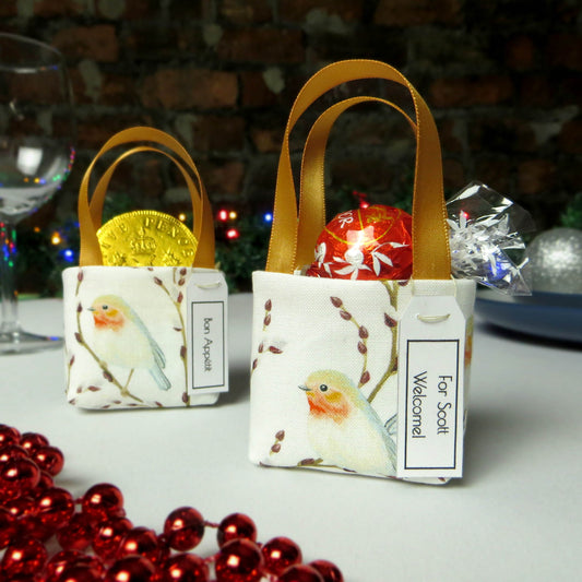 Pair of miniature fabric tote decorations that you can fill with your favourite treats