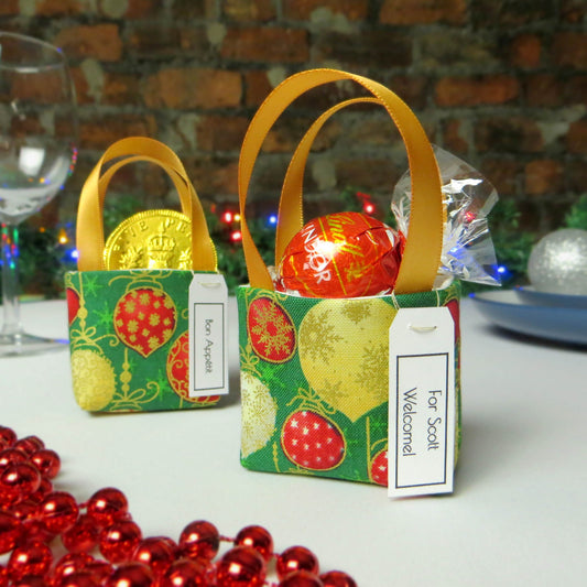 Pair of miniature fabric tote decorations that you can fill with your favourite treats