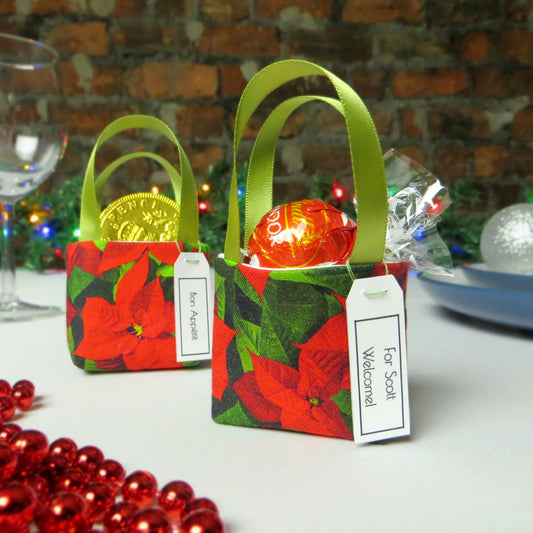 Pair of miniature fabric tote decorations that you can fill with your favourite treats