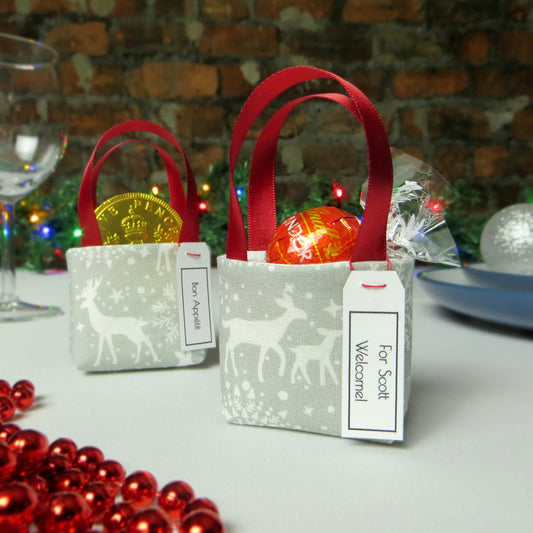 Pair of miniature fabric tote decorations that you can fill with your favourite treats