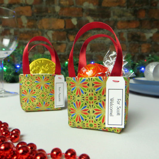 Pair of miniature fabric tote decorations that you can fill with your favourite treats