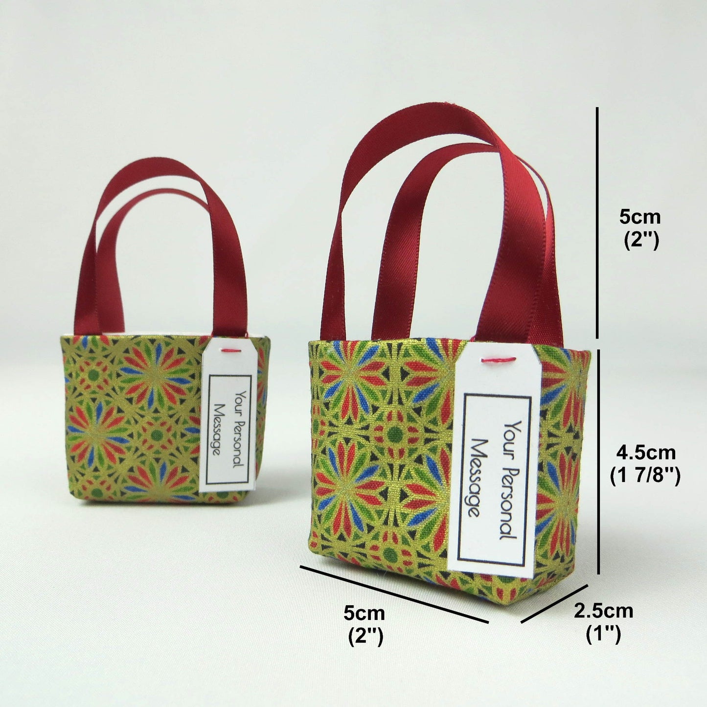 Pair of miniature fabric tote decorations that you can fill with your favourite treats