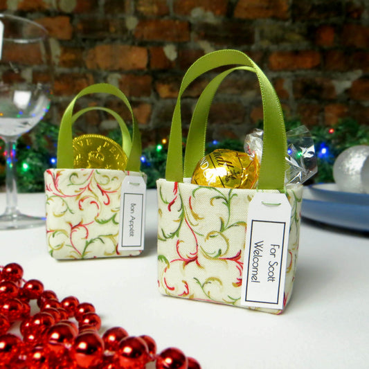 Pair of miniature fabric tote decorations that you can fill with your favourite treats