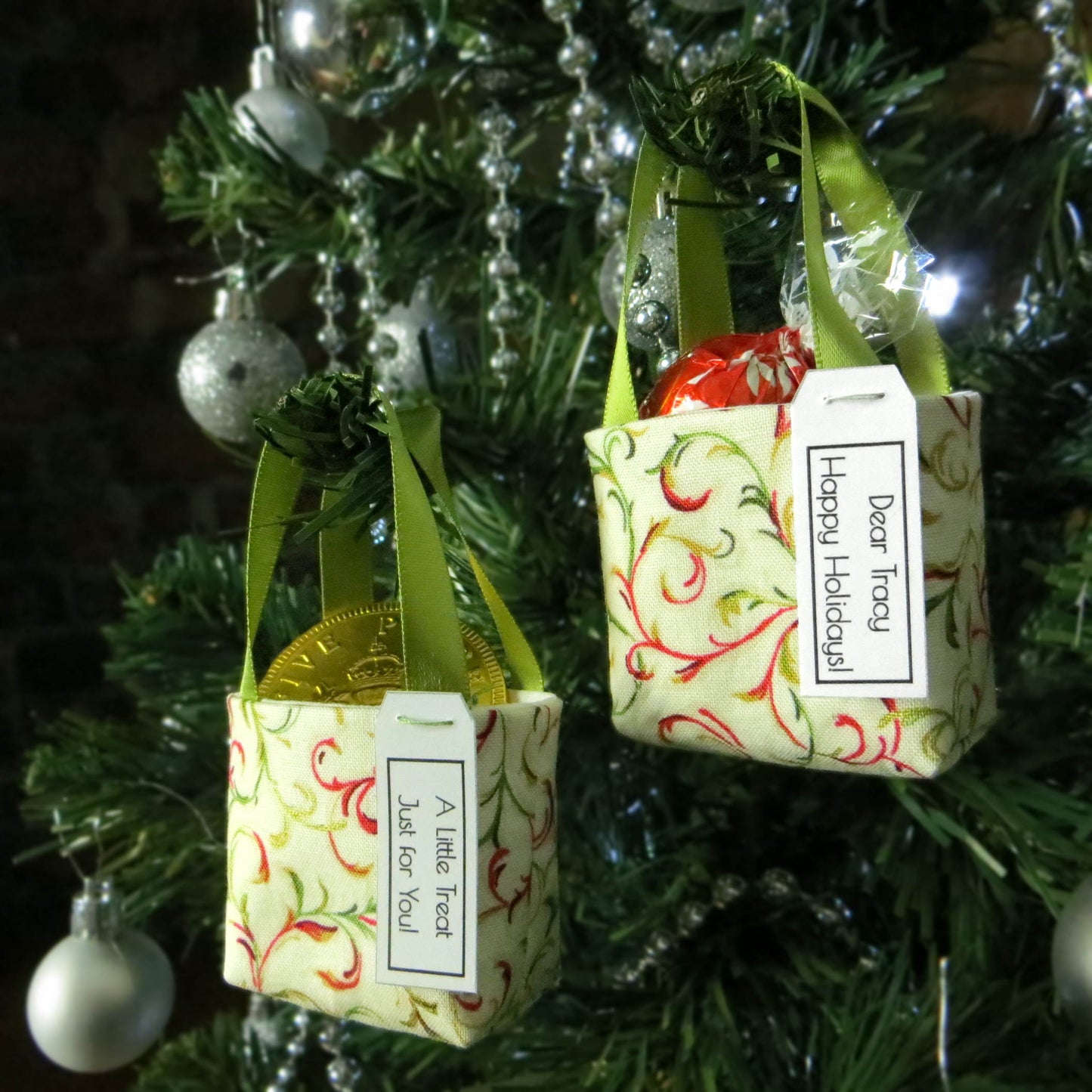 Pair of miniature fabric tote decorations that you can fill with your favourite treats