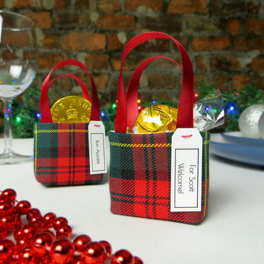 Pair of miniature fabric tote decorations that you can fill with your favourite treats