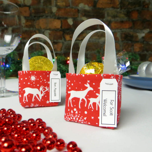 Pair of miniature fabric tote decorations that you can fill with your favourite treats