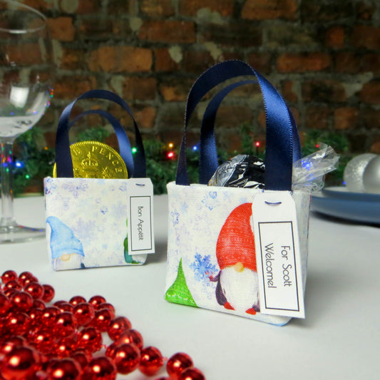 Pair of miniature fabric tote decorations that you can fill with your favourite treats