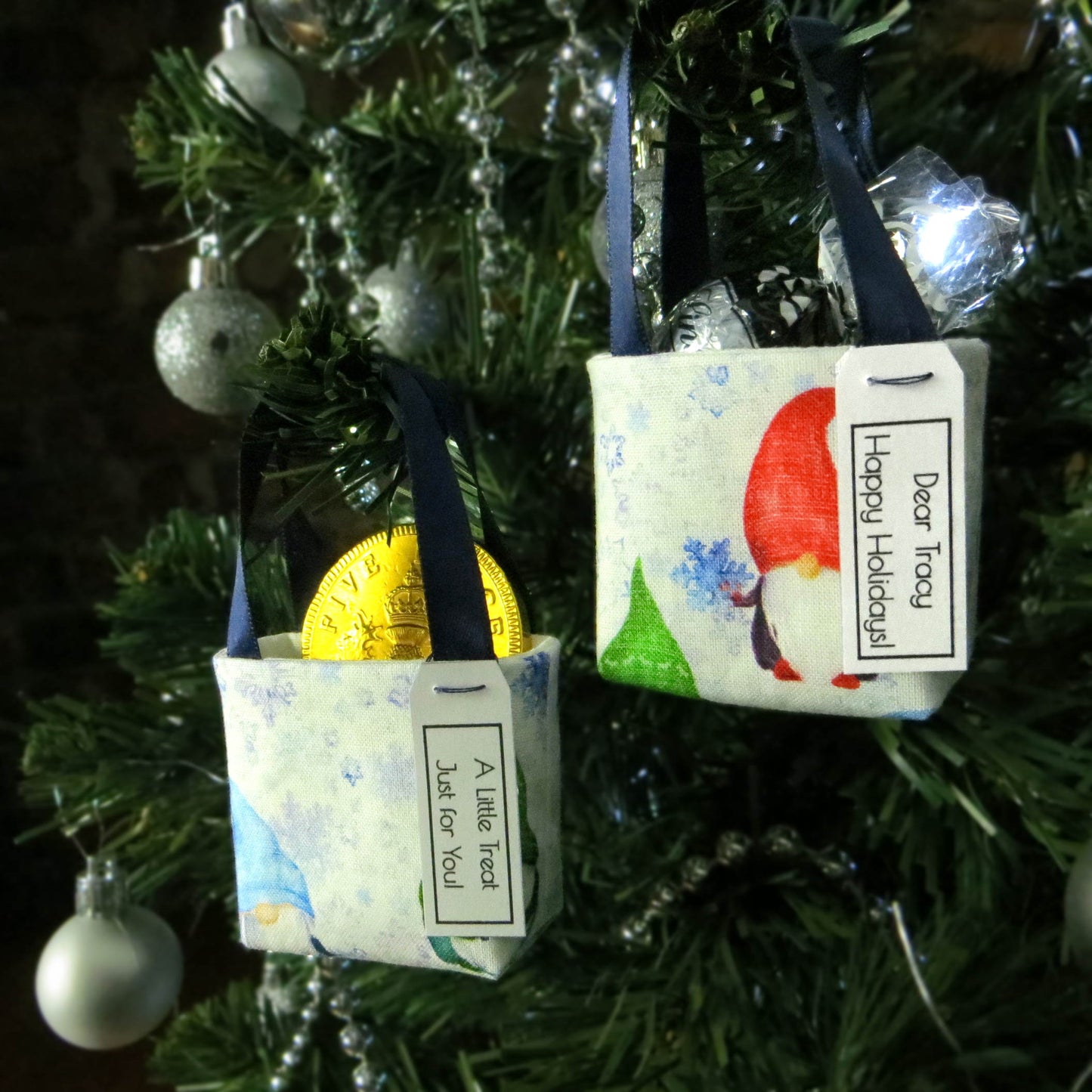 Pair of miniature fabric tote decorations that you can fill with your favourite treats