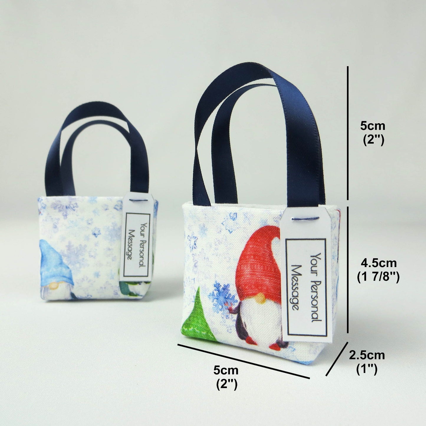 Pair of miniature fabric tote decorations that you can fill with your favourite treats