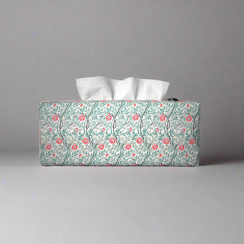 Rectangle tissue box cover with red flowers and green vines