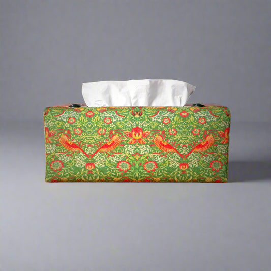 Rectangle tissue box cover with birds and berries design on green background