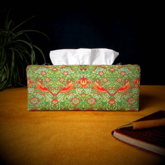 Rectangular Fabric Tissue Box Cover - Birds and Berries on Green Design