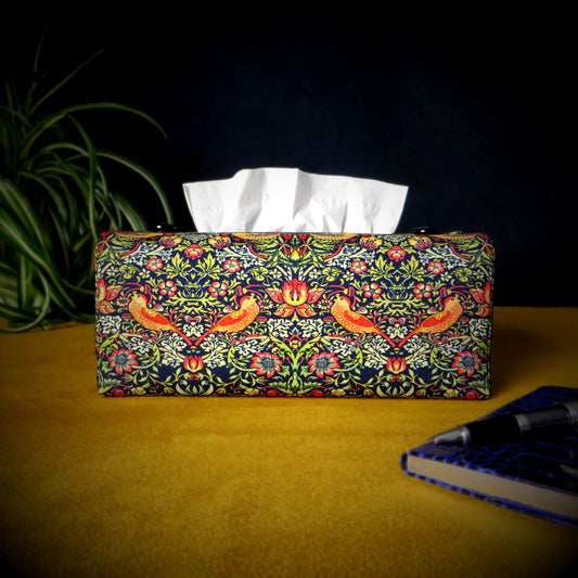 Rectangular Fabric Tissue Box Cover - Birds and Berries on Midnight Blue Design